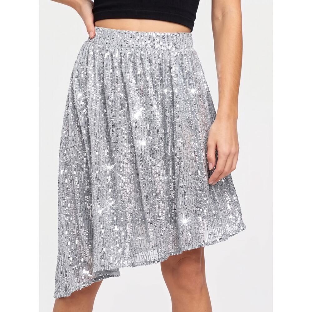 Free People Last Dance Silver Sequin Asymmetrical Eras Skirt - XS- New
